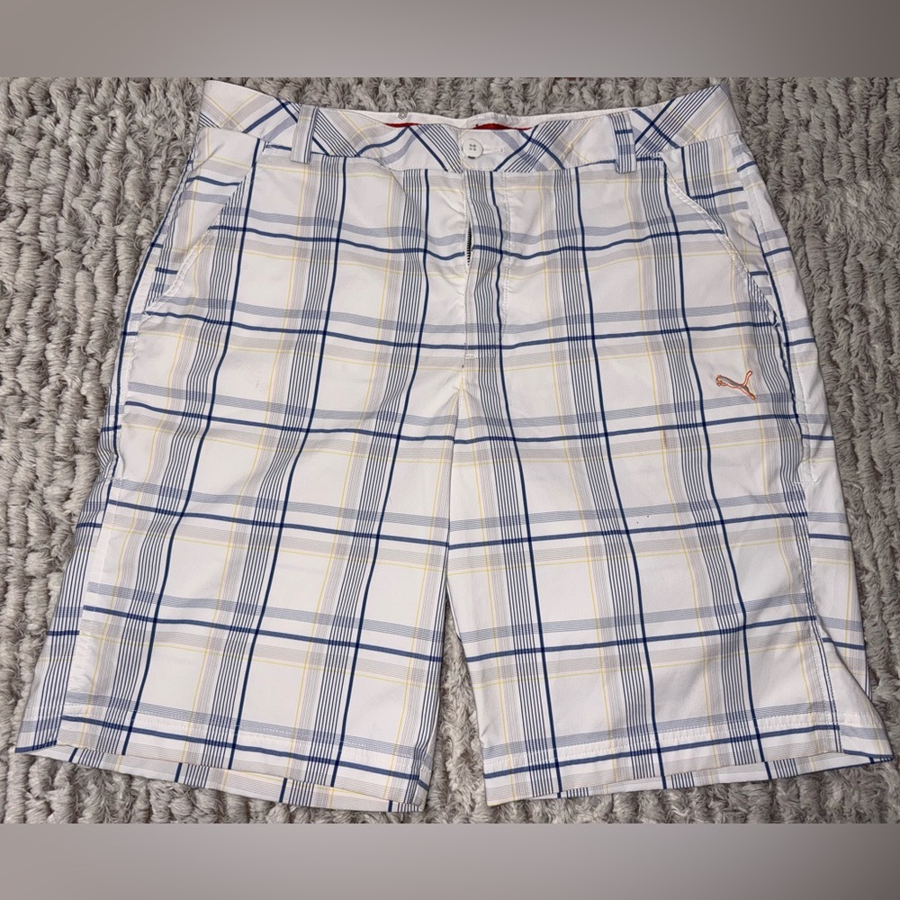 Puma Golf Cell Mens Size 36 Rickie Fowler Flat Front Golfing Golf Shorts Plaid